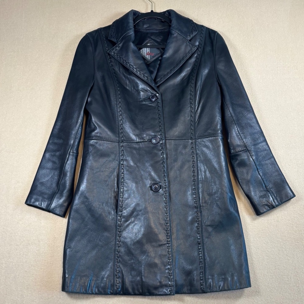 Tibor Womens Black Genuine Leather Longline Whipstitch Jacket Coat Petite *FLAW